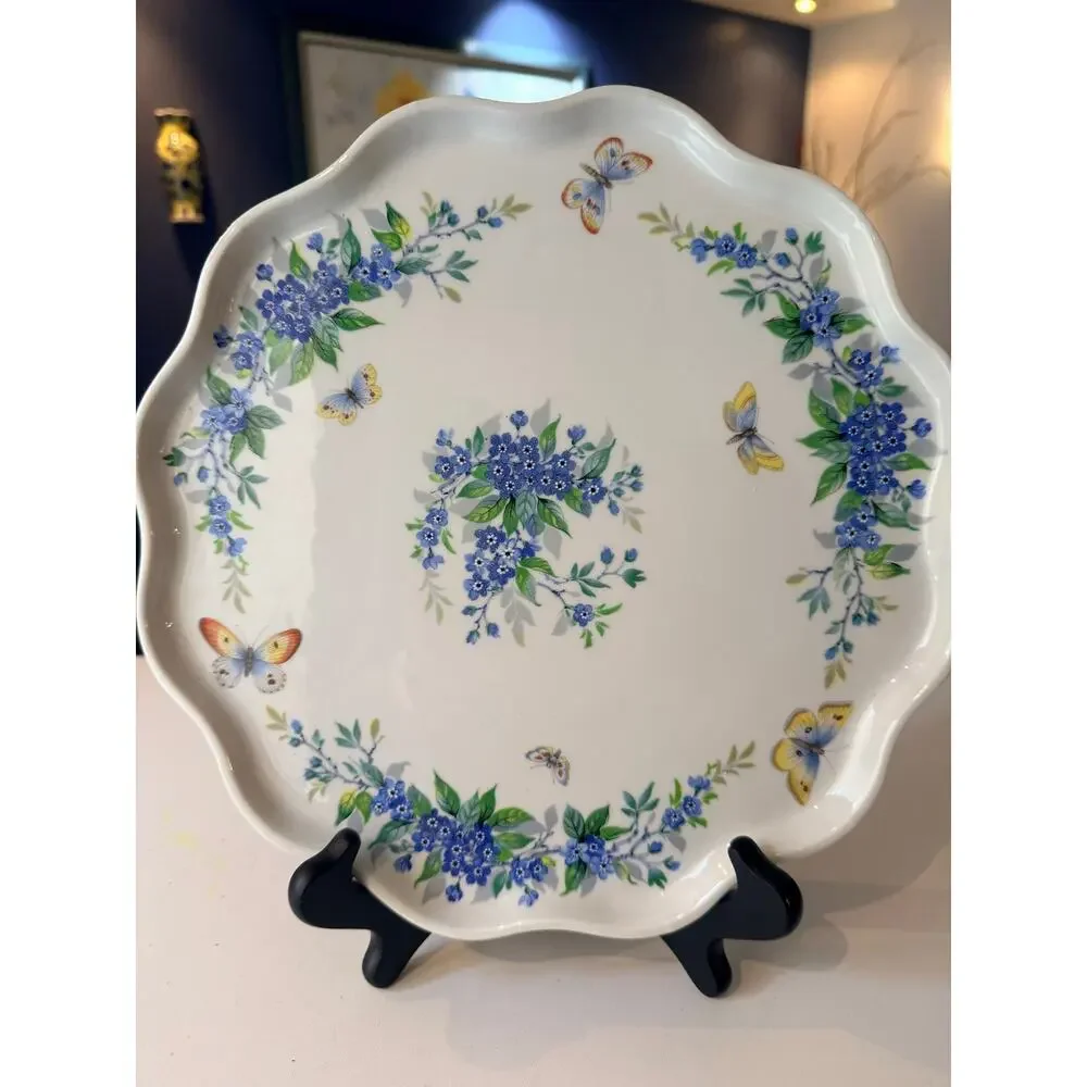 Limoges France Porcelain Scalloped Plate Blue Flowers Butterflies Floral Cabinet